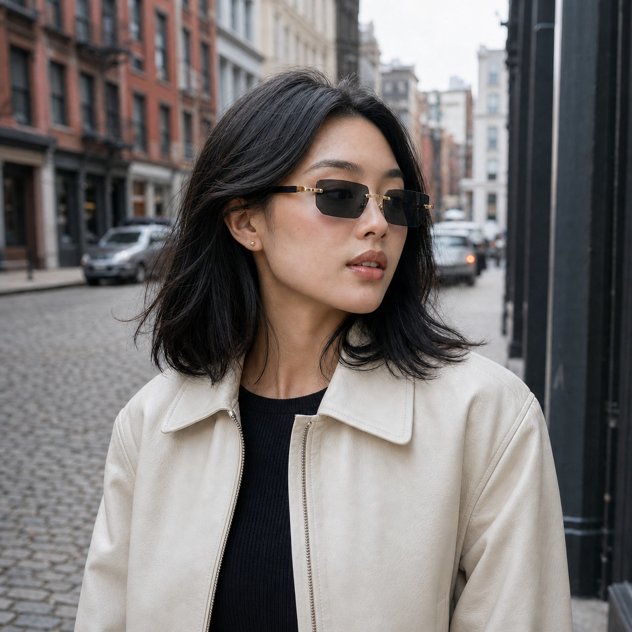 Young fashion model wearing NOCT Trace rimless narrow rectangle sunglasses in Gold / Smoke