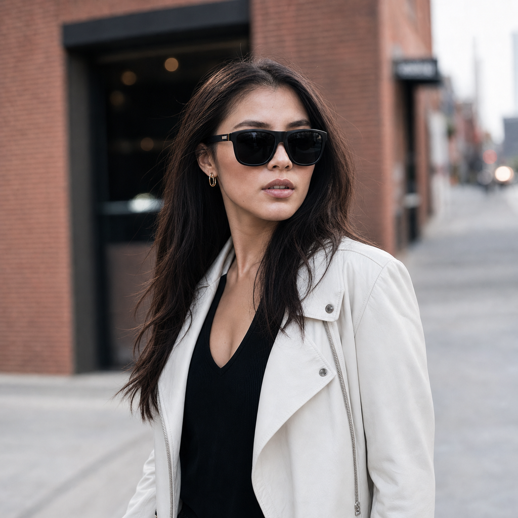 Young fashion model wearing NOCT Vault oversized soft-square full-rim sunglasses in Black / Smoke