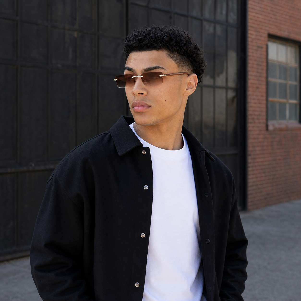 Young fashion model wearing NOCT Veyra rimless narrow angular rectangle sunglasses in Silver / Brown