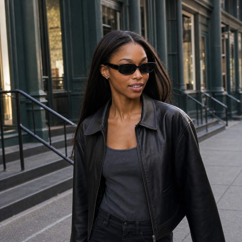 Young fashion model wearing NOCT Void narrow rounded rectangular full-rim sunglasses in Black / Smoke