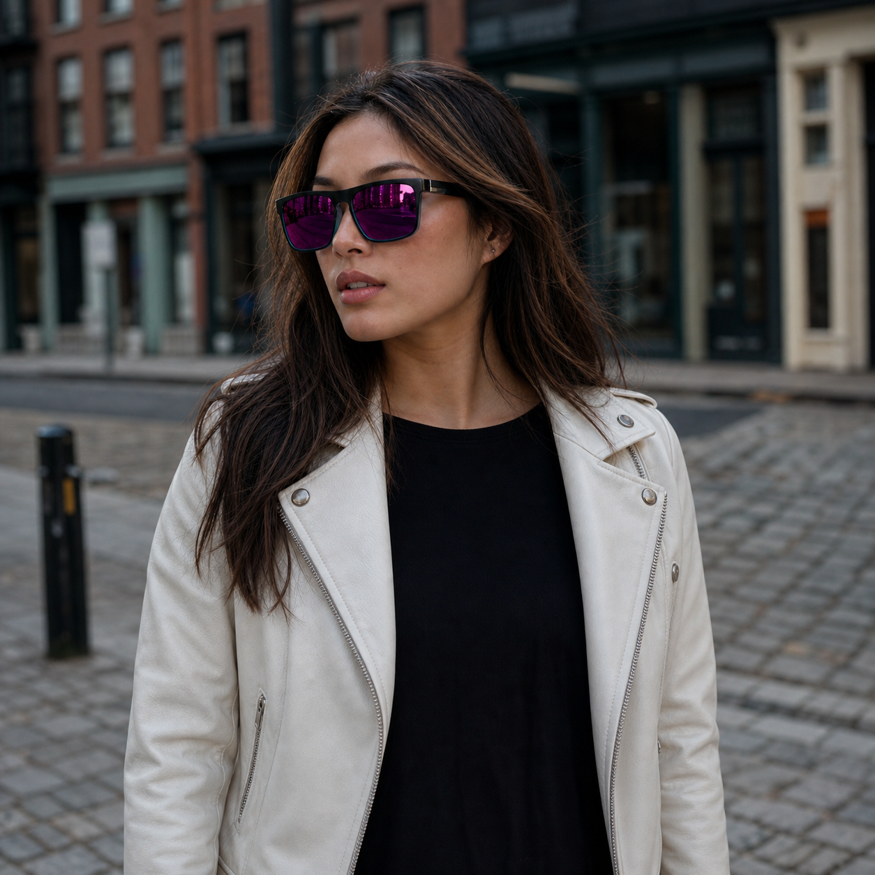 Young fashion model wearing NOCT Volt flat-top rectangular full-rim sunglasses in Black / Mirror