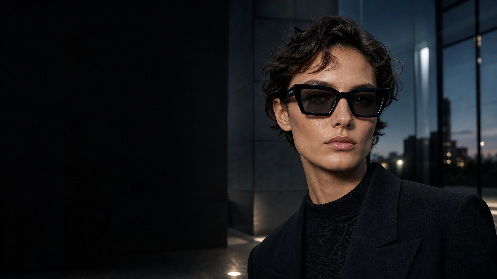 Young fashion model wearing NOCT Axis oversized single-lens blade shield wrap sunglasses in Gray / Smoke